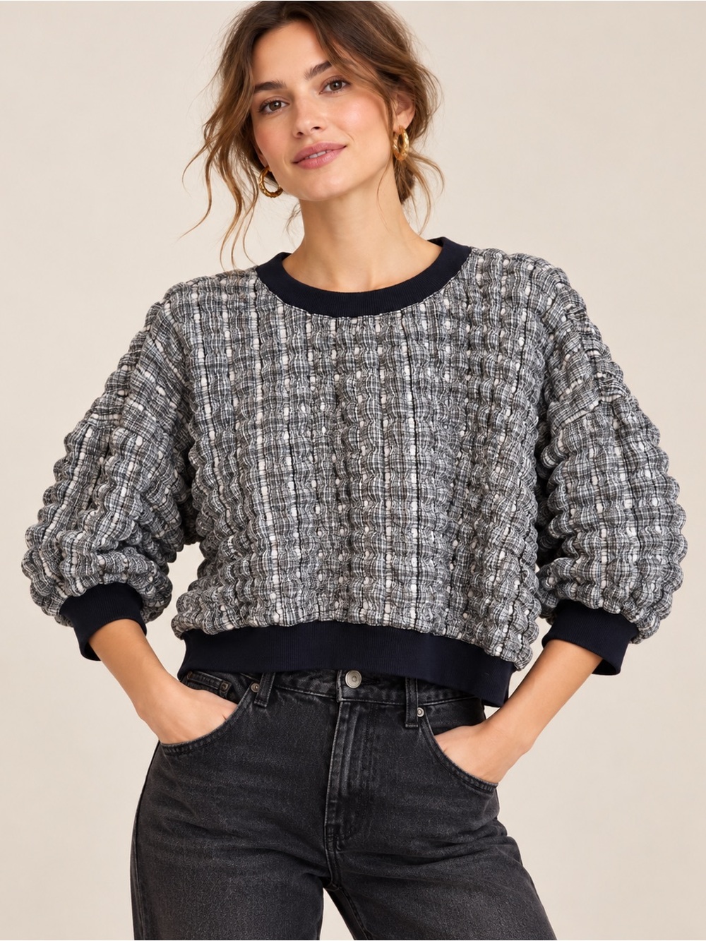 Maeve Textured Plaid Puff-Sleeve Top in Black / White - L